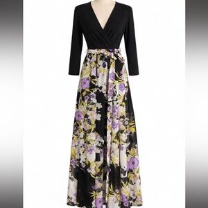R&K black v neck floral chiffon maxi dress with tie waist and 3/4 sleeves.